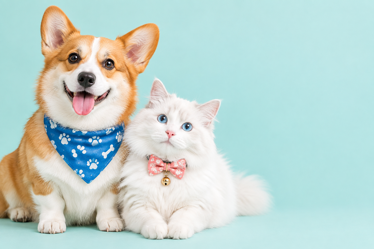 A corgi and white cat in bandana and bow tie on a pastel background