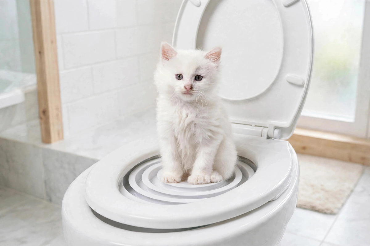 White kitten sitting on a white cat toilet training tray installed on a toilet