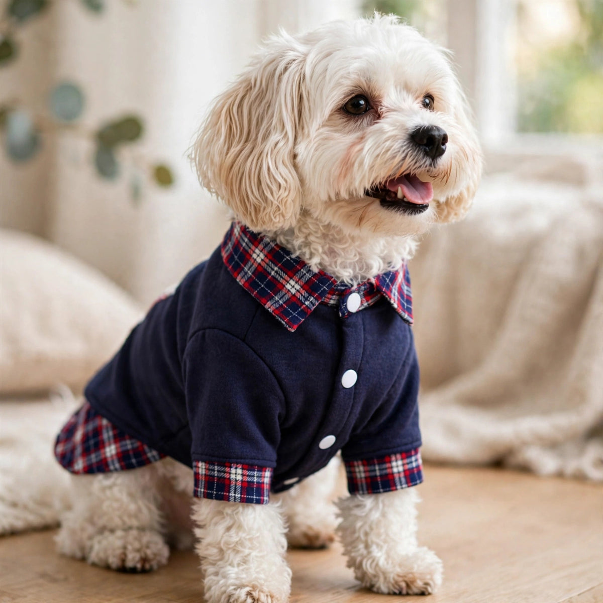 Small Dog Plaid-Collar Coat – Navy & Ash